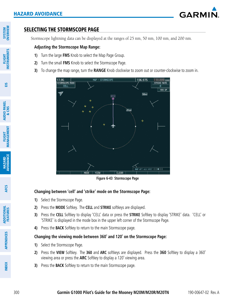 Selecting the stormscope page, Hazard avoidance | Garmin G1000 Mooney M20TN User Manual | Page 314 / 524