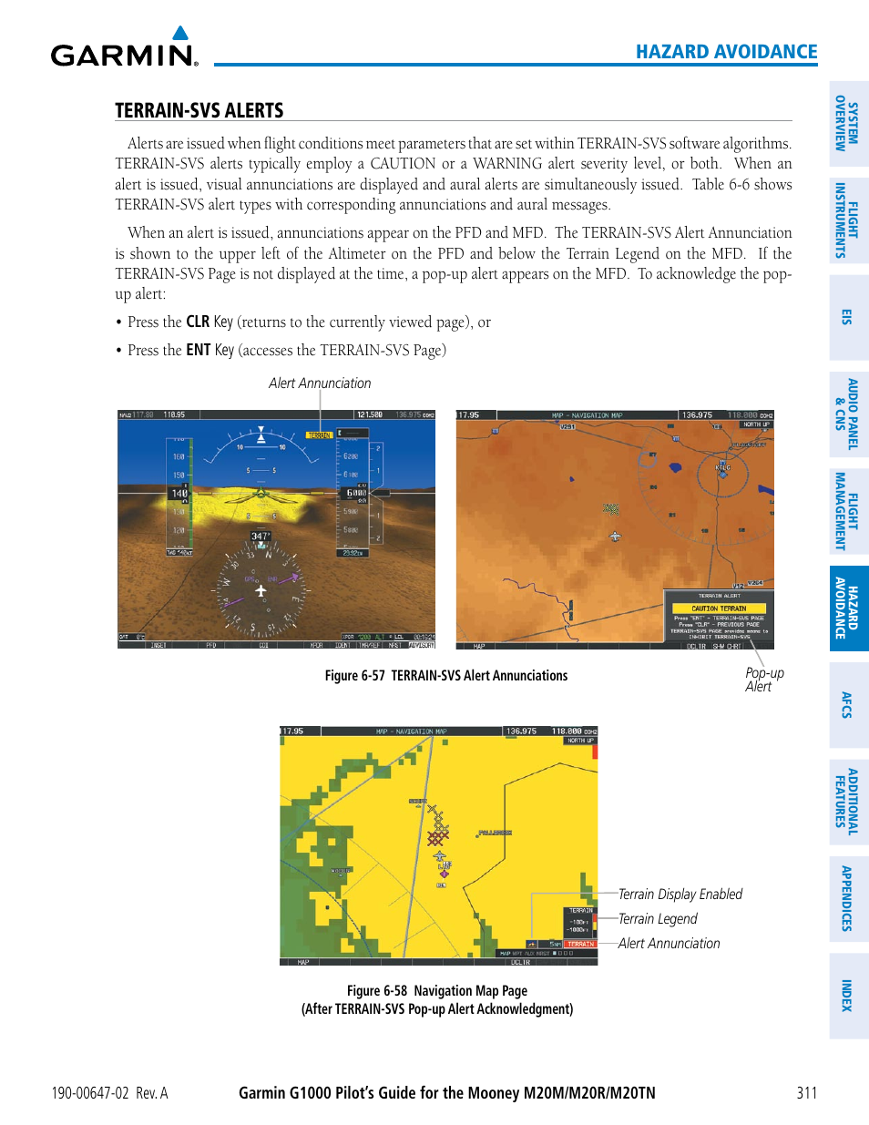 Terrain-svs alerts, Hazard avoidance | Garmin G1000 Mooney M20TN User Manual | Page 325 / 524