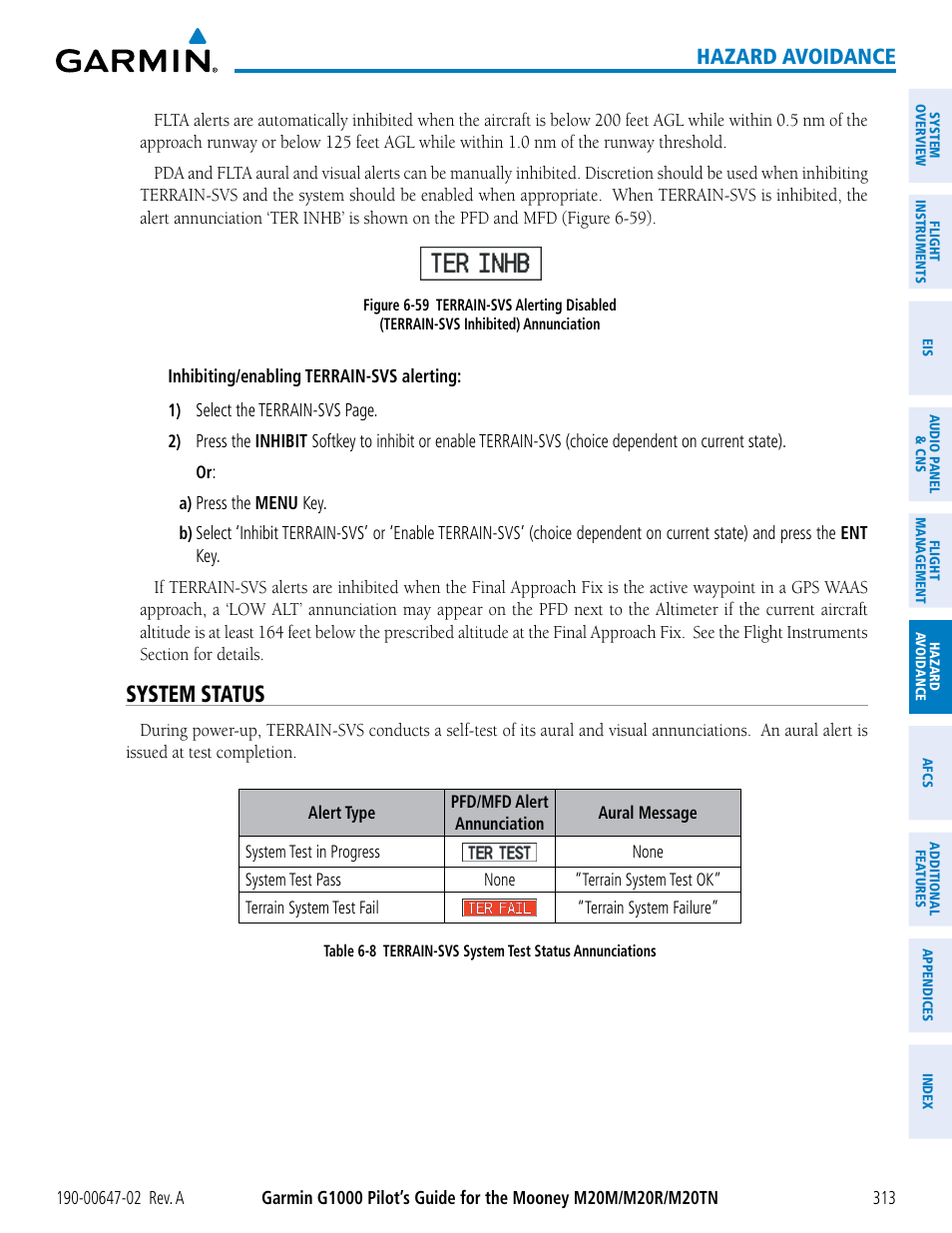 System status, Hazard avoidance | Garmin G1000 Mooney M20TN User Manual | Page 327 / 524