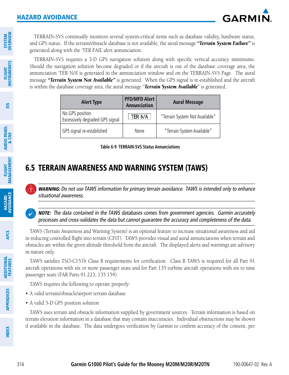 5 terrain awareness and warning system (taws), 5 terrain awareness and warning system, Hazard avoidance | Garmin G1000 Mooney M20TN User Manual | Page 328 / 524