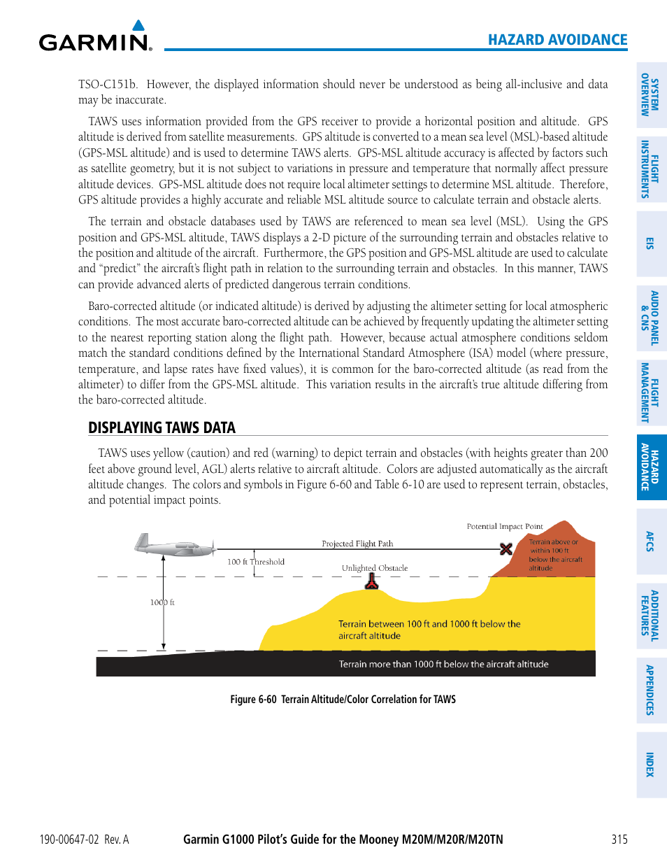 Displaying taws data, Hazard avoidance | Garmin G1000 Mooney M20TN User Manual | Page 329 / 524