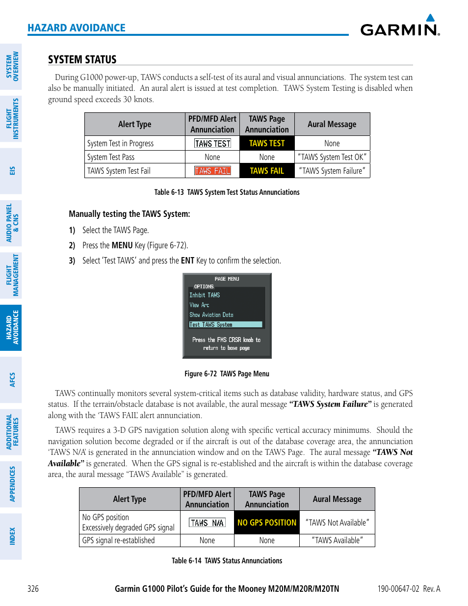 System status, Hazard avoidance | Garmin G1000 Mooney M20TN User Manual | Page 340 / 524