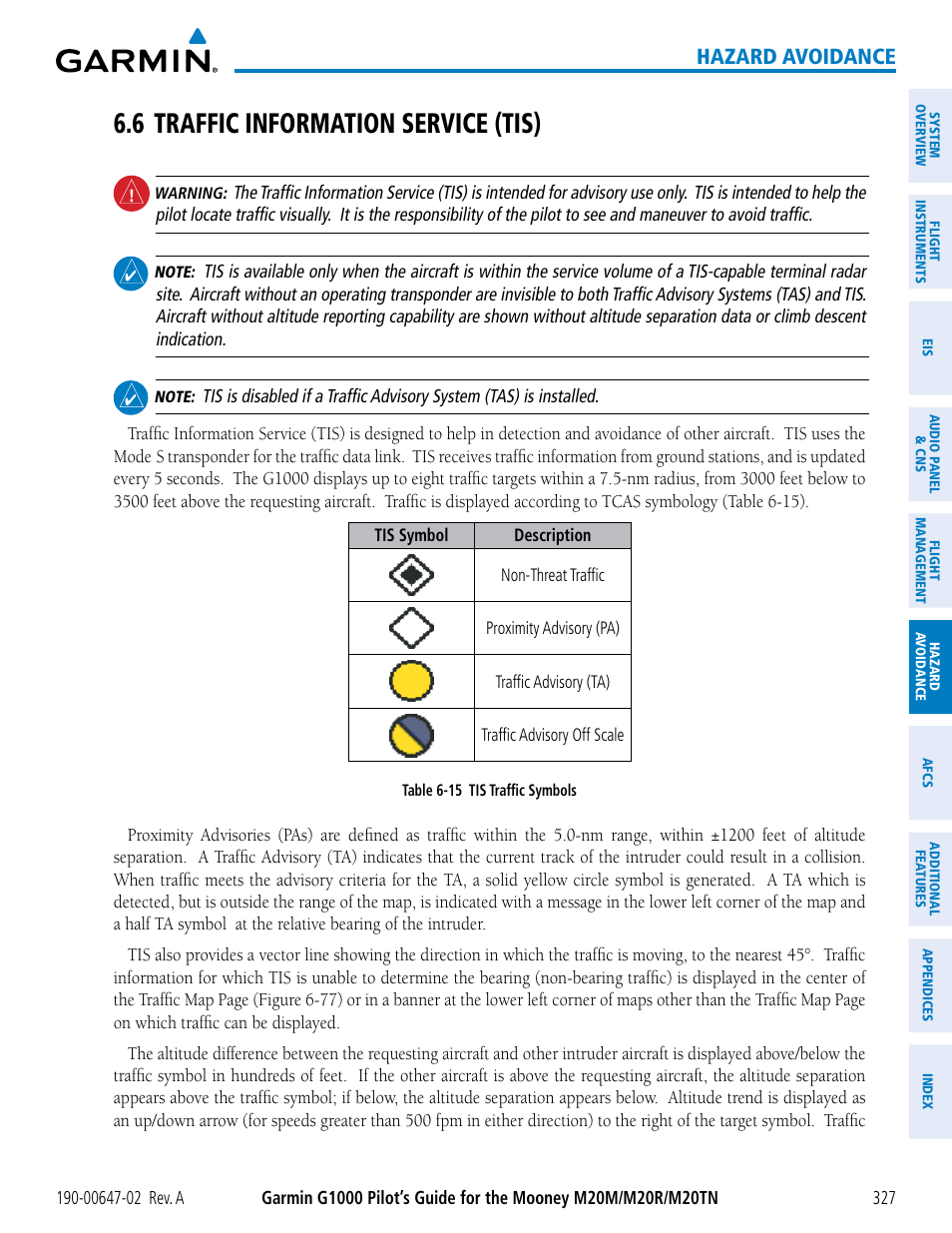 6 traffic information service (tis), Hazard avoidance | Garmin G1000 Mooney M20TN User Manual | Page 341 / 524