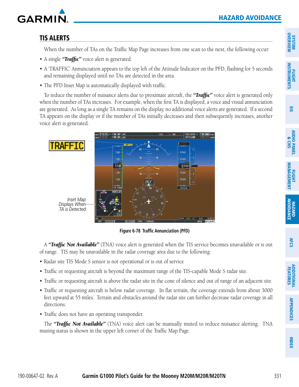 Tis alerts, Hazard avoidance | Garmin G1000 Mooney M20TN User Manual | Page 345 / 524