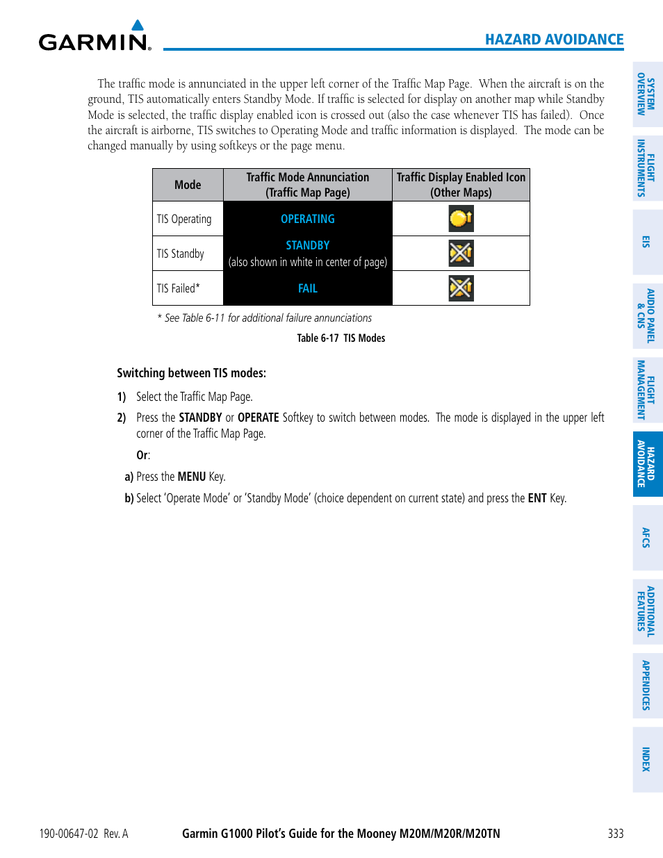 Hazard avoidance | Garmin G1000 Mooney M20TN User Manual | Page 347 / 524