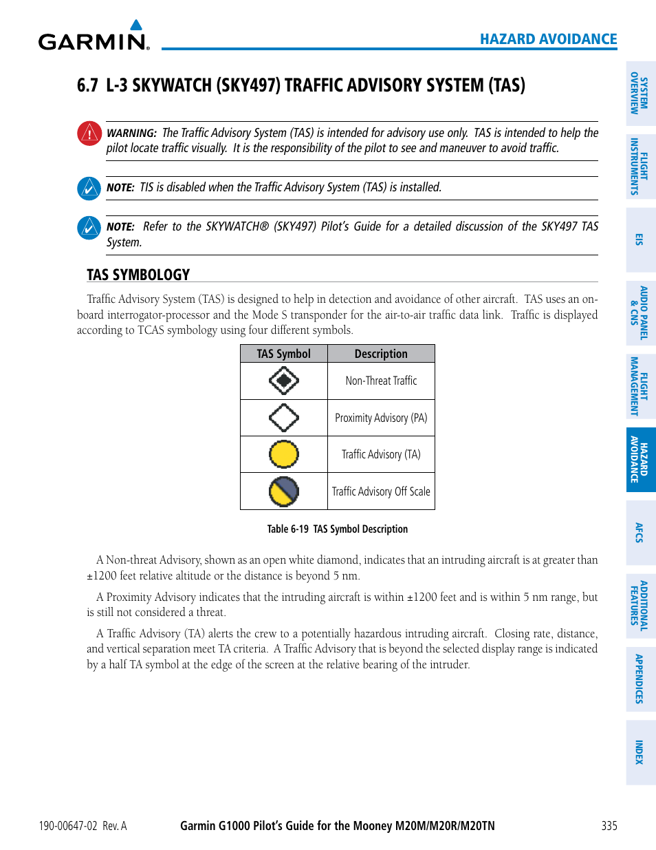 Tas symbology, 7 l-3 skywatch traffic advisory system, Hazard avoidance | Garmin G1000 Mooney M20TN User Manual | Page 349 / 524