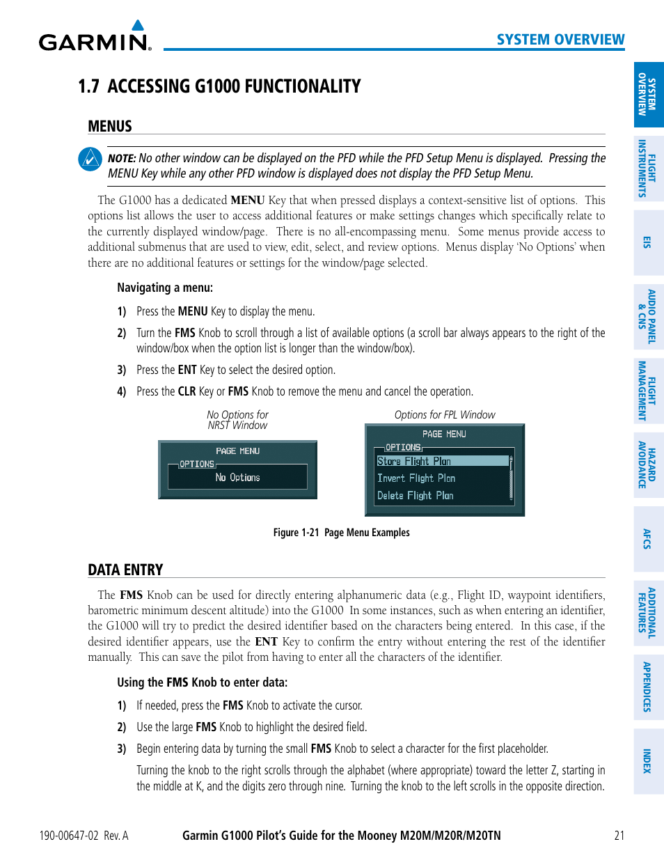 7 accessing g1000 functionality, Menus, Data entry | System overview | Garmin G1000 Mooney M20TN User Manual | Page 35 / 524