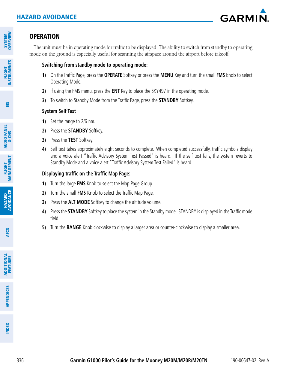 Operation, Hazard avoidance | Garmin G1000 Mooney M20TN User Manual | Page 350 / 524