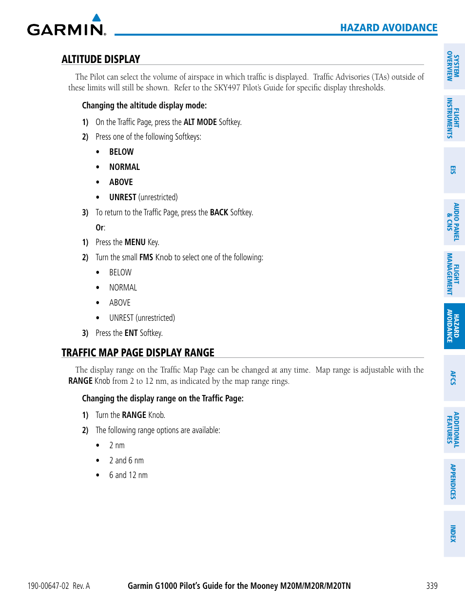 Altitude display, Traffic map page display range, Hazard avoidance | Garmin G1000 Mooney M20TN User Manual | Page 353 / 524