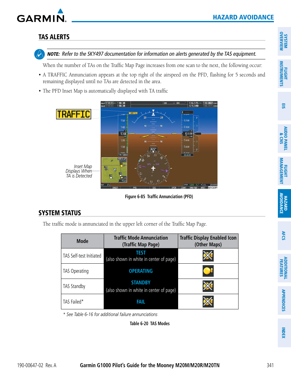 Tas alerts, System status, Hazard avoidance | Garmin G1000 Mooney M20TN User Manual | Page 355 / 524