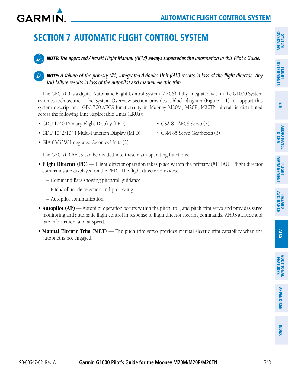 Section 7 automatic flight control system, Automatic flight control system | Garmin G1000 Mooney M20TN User Manual | Page 357 / 524