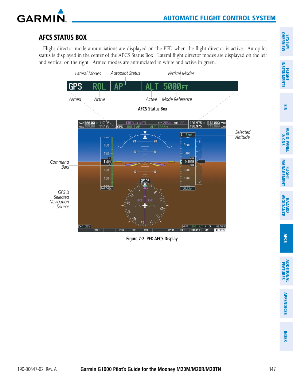 Afcs status box, Automatic flight control system | Garmin G1000 Mooney M20TN User Manual | Page 361 / 524