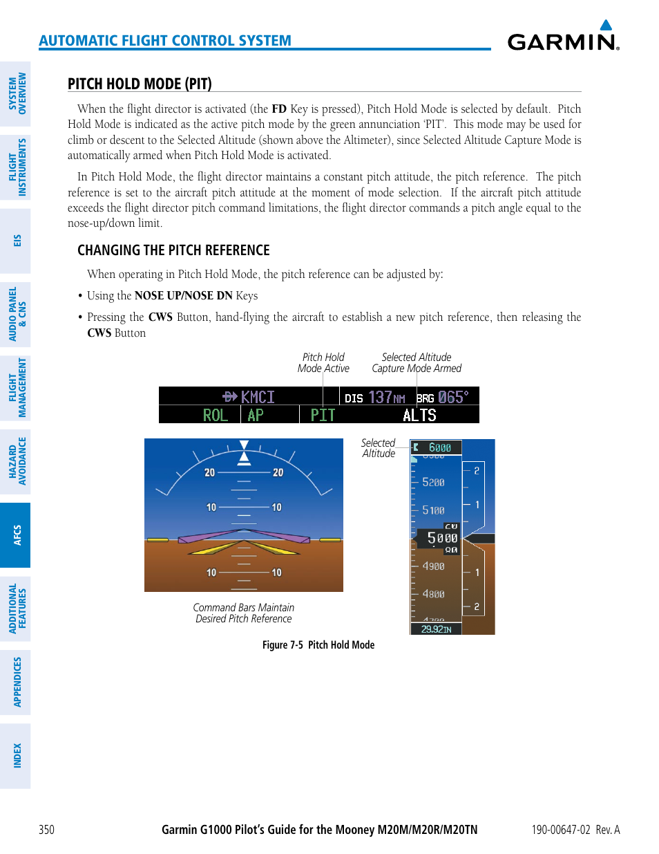 Pitch hold mode (pit), Automatic flight control system, Changing the pitch reference | Garmin G1000 Mooney M20TN User Manual | Page 364 / 524