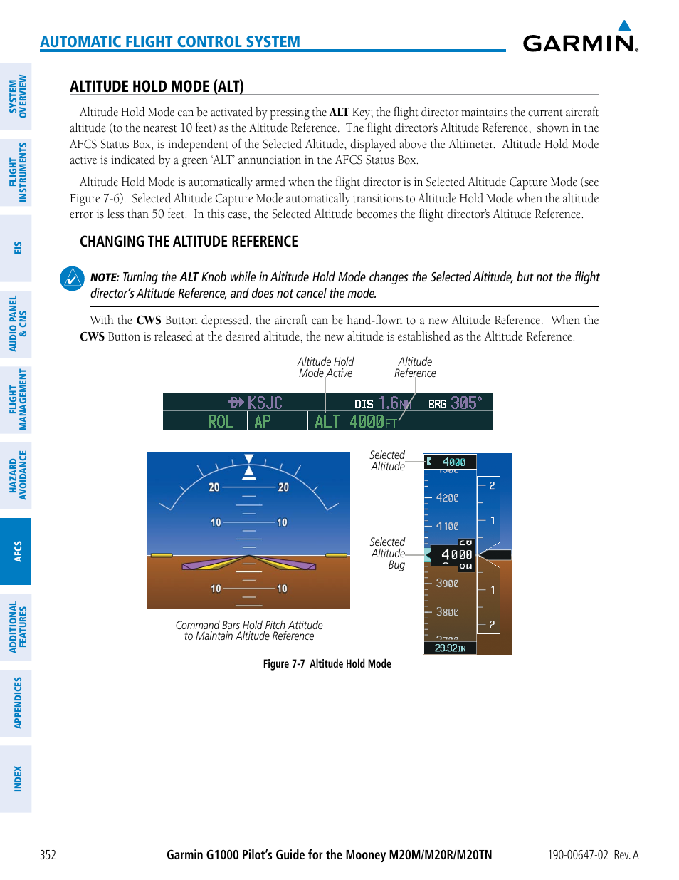 Altitude hold mode (alt), Automatic flight control system, Changing the altitude reference | Garmin G1000 Mooney M20TN User Manual | Page 366 / 524