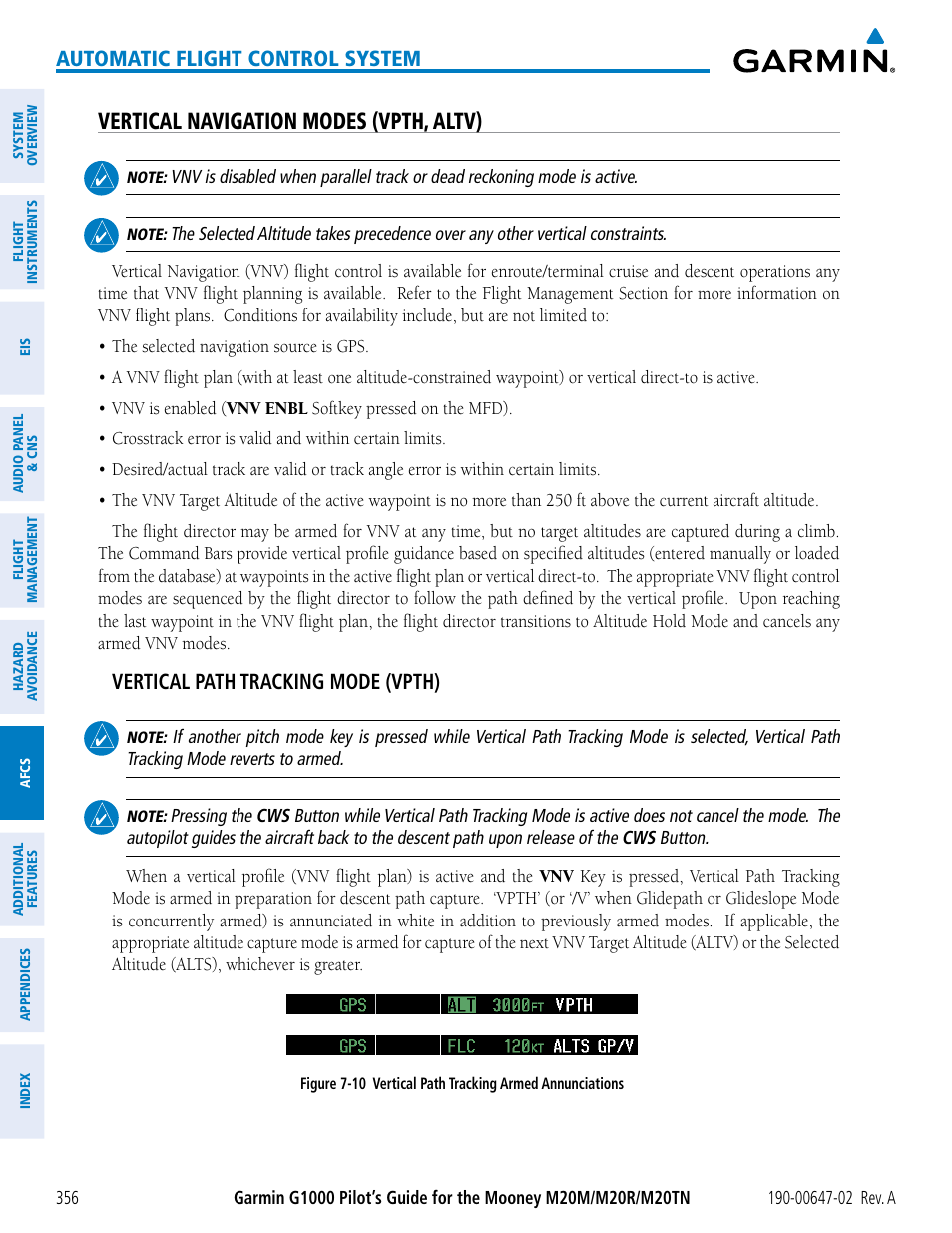 Vertical navigation modes (vpth, altv), Automatic flight control system, Vertical path tracking mode (vpth) | Garmin G1000 Mooney M20TN User Manual | Page 370 / 524