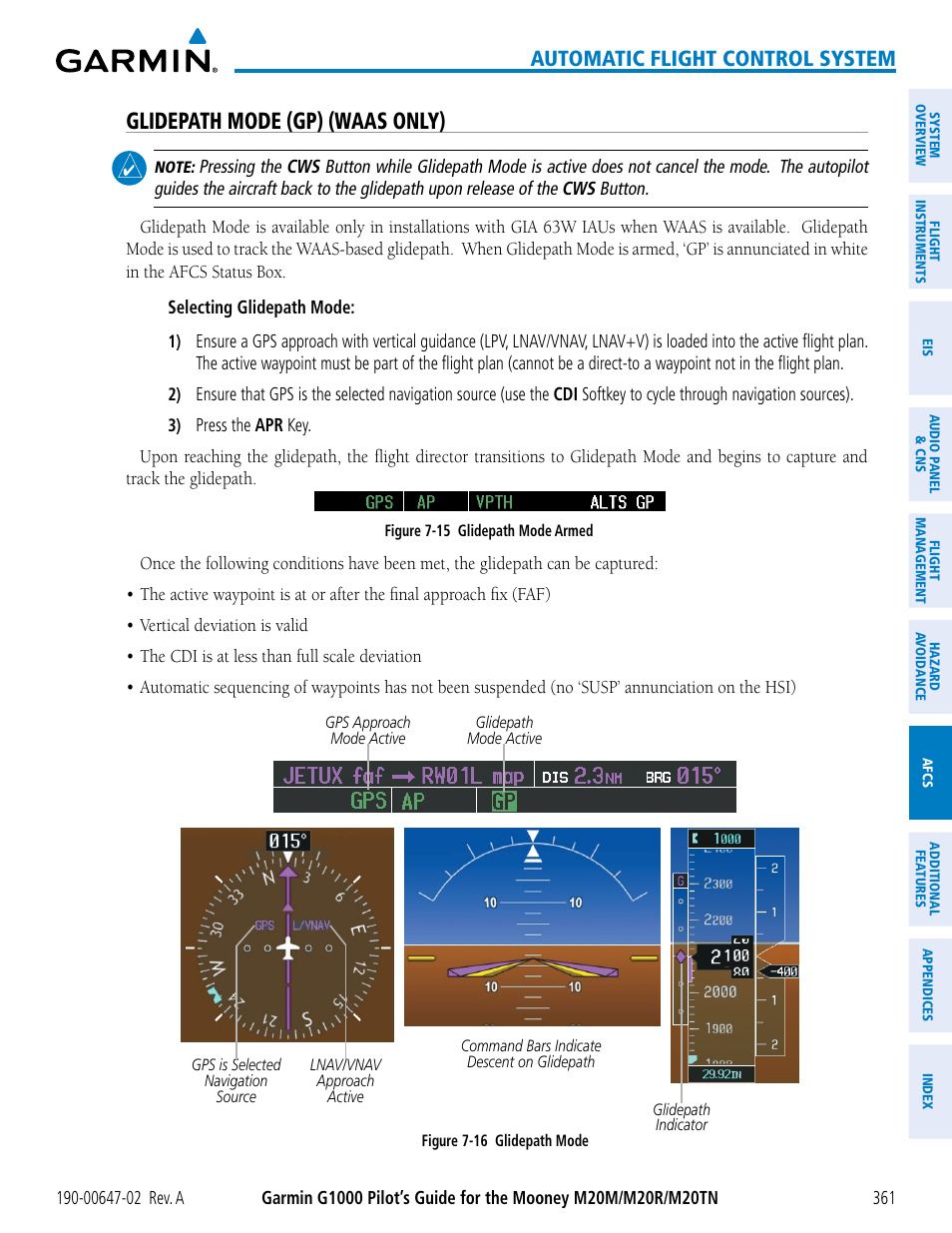 Glidepath mode (gp) (waas only), Automatic flight control system | Garmin G1000 Mooney M20TN User Manual | Page 375 / 524