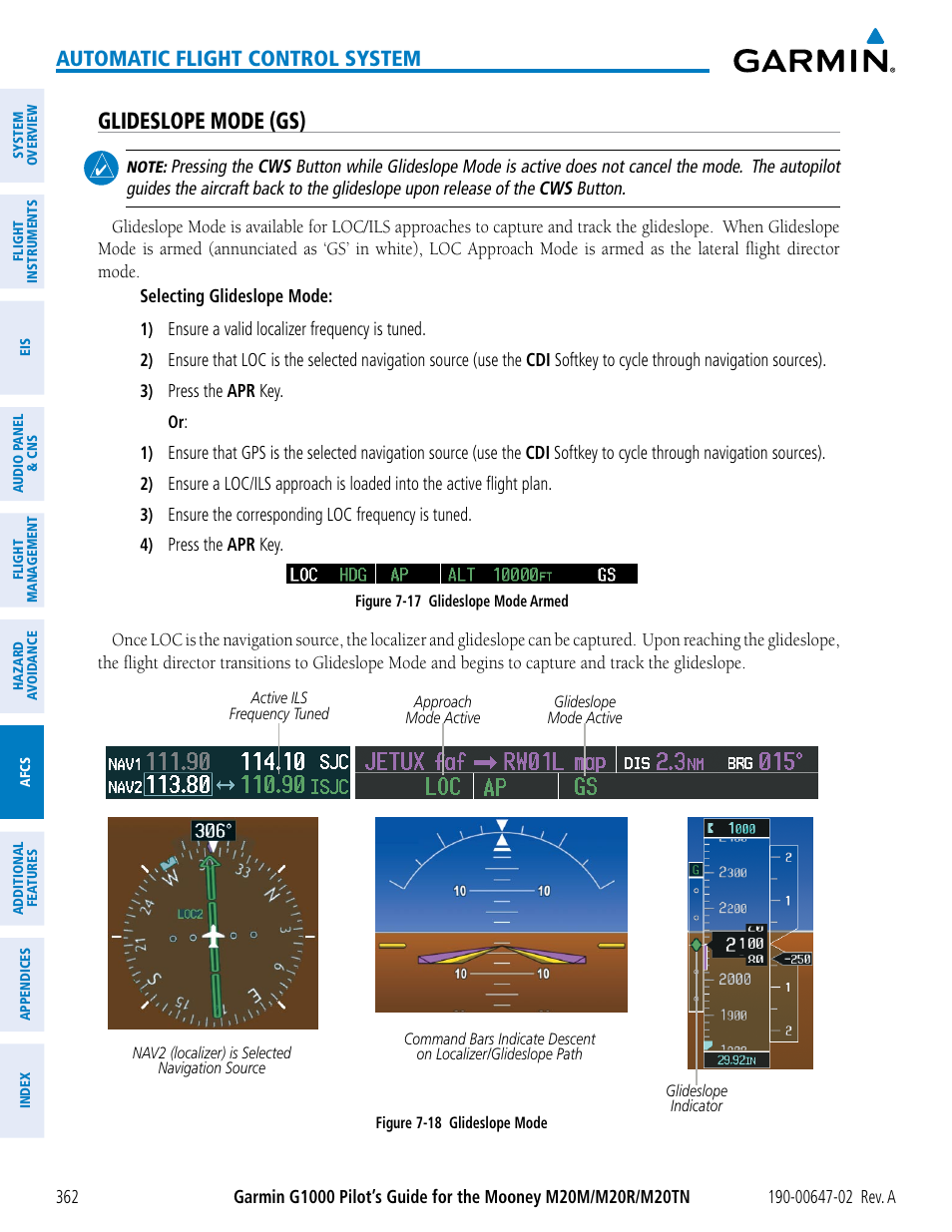 Glideslope mode (gs), Automatic flight control system | Garmin G1000 Mooney M20TN User Manual | Page 376 / 524