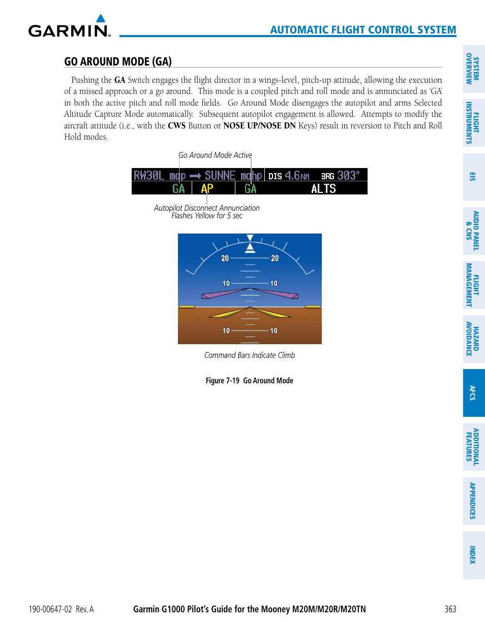 Go around mode (ga), Automatic flight control system | Garmin G1000 Mooney M20TN User Manual | Page 377 / 524