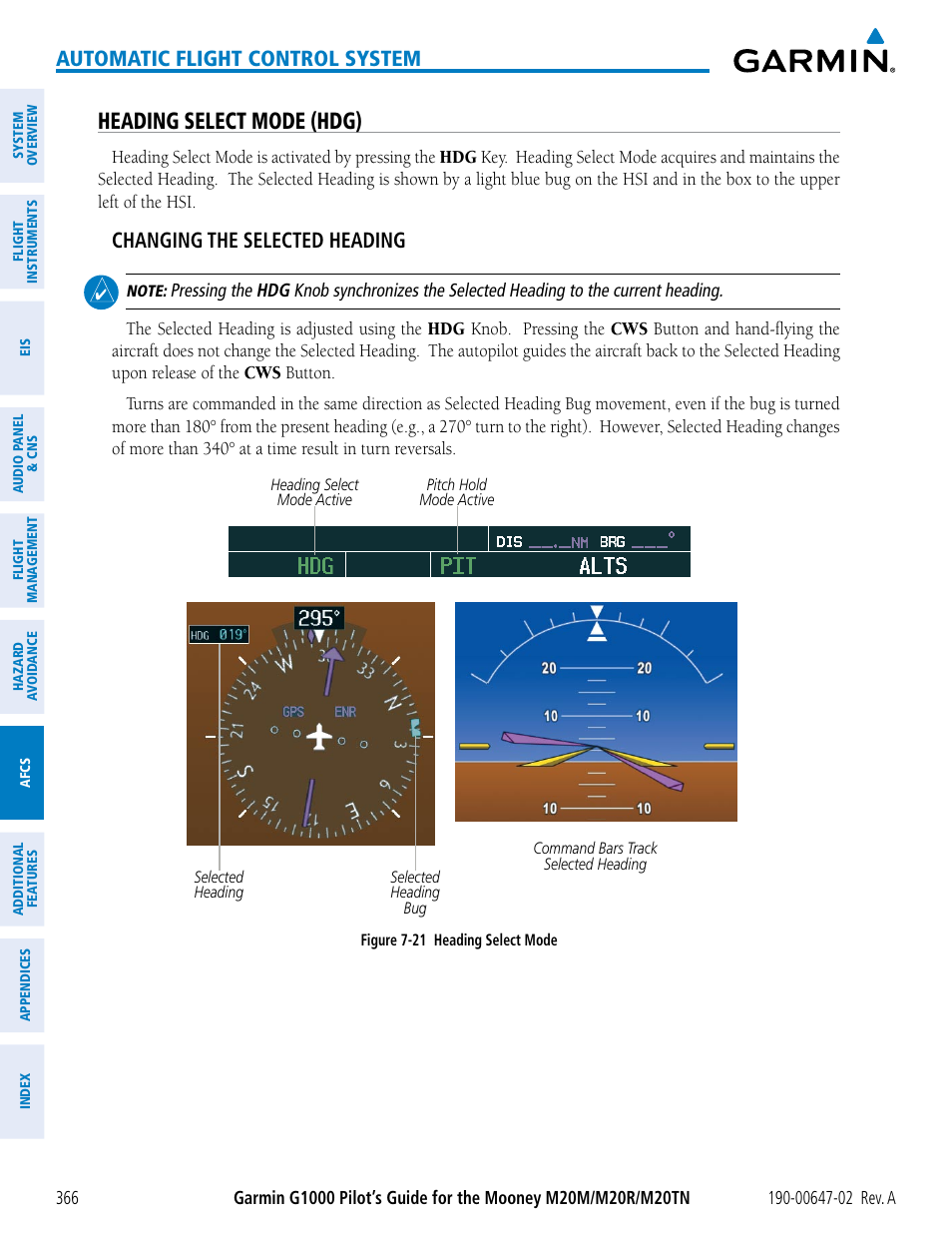 Heading select mode (hdg), Automatic flight control system, Changing the selected heading | Garmin G1000 Mooney M20TN User Manual | Page 380 / 524