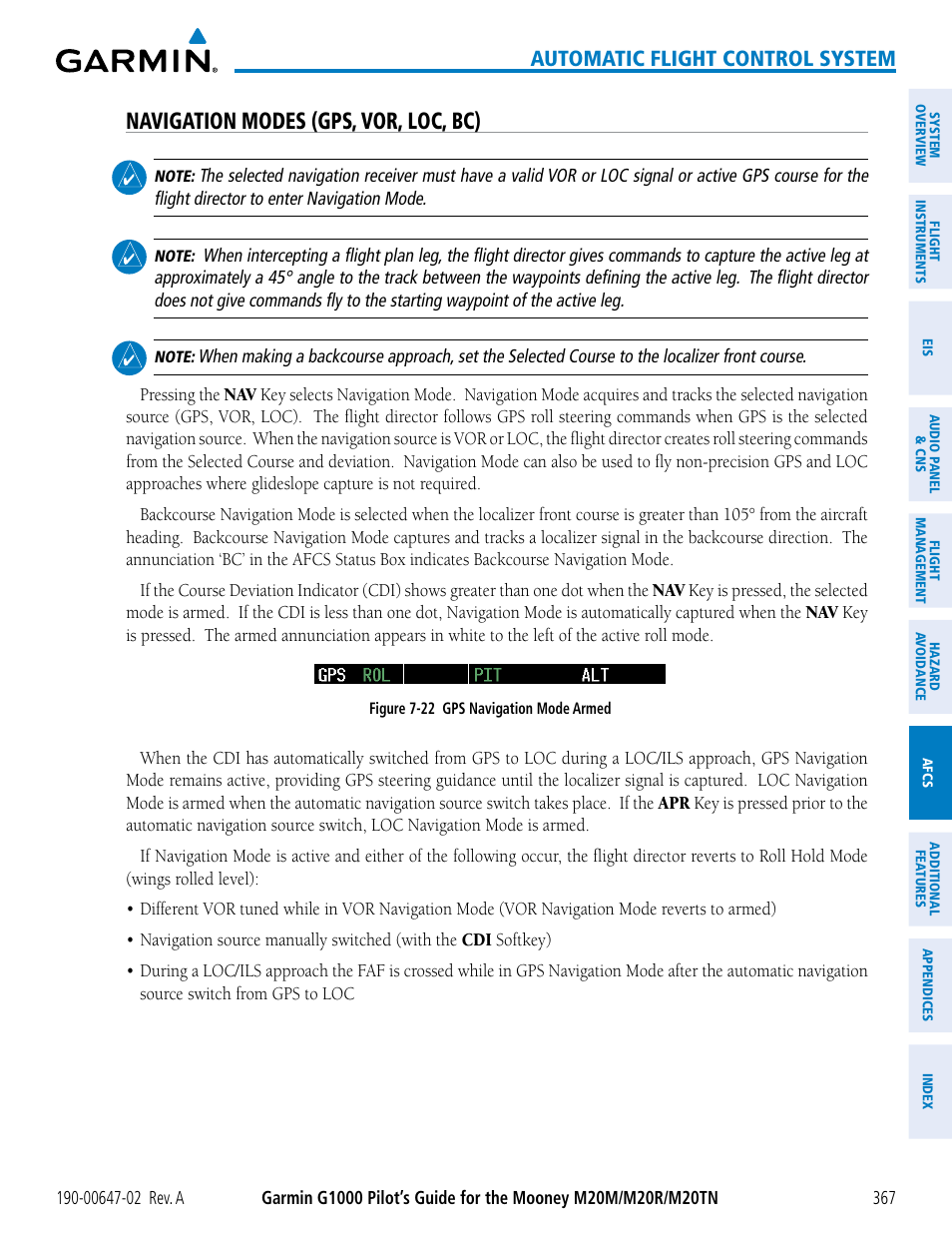 Navigation modes (gps, vor, loc, bc), Automatic flight control system | Garmin G1000 Mooney M20TN User Manual | Page 381 / 524