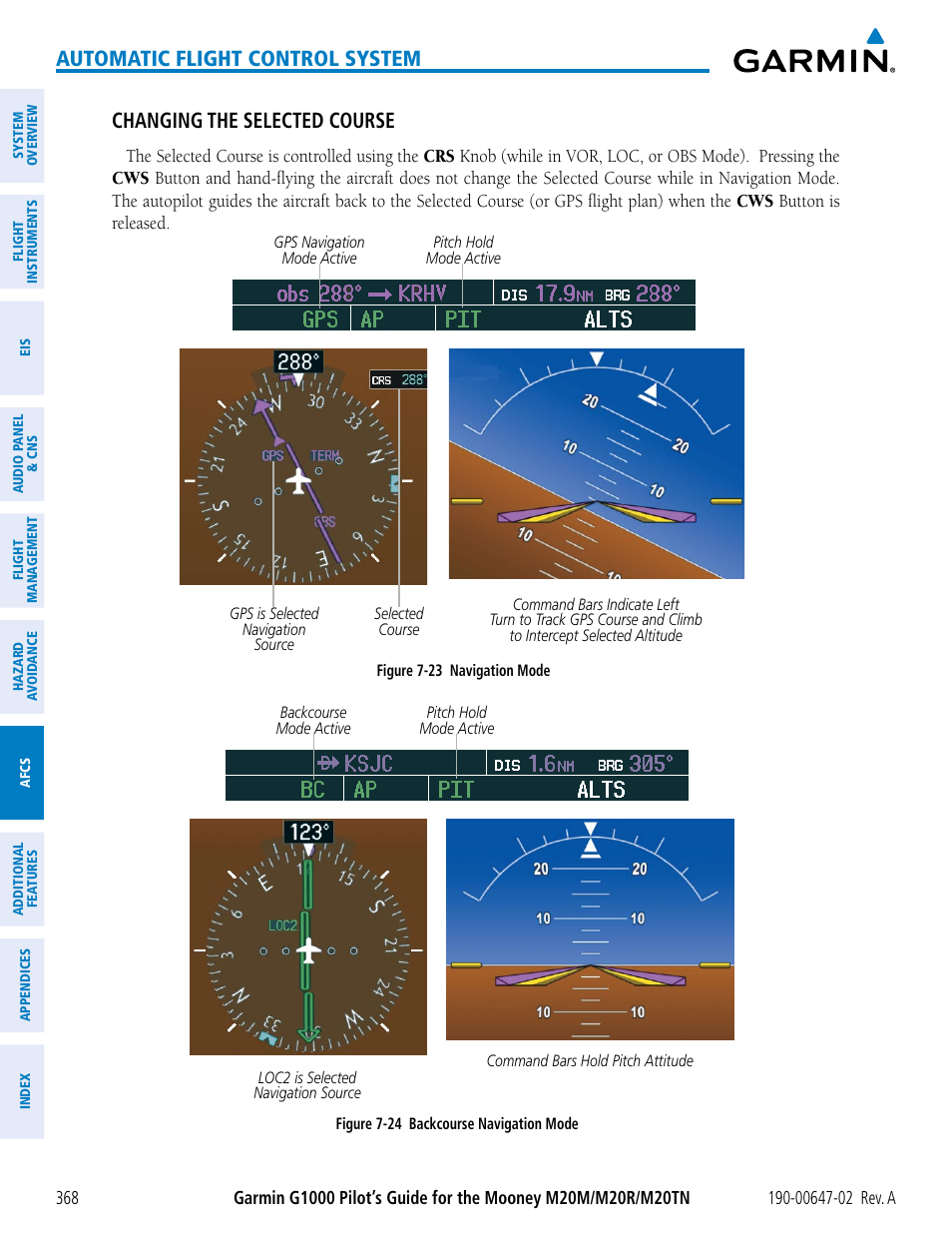 Automatic flight control system, Changing the selected course | Garmin G1000 Mooney M20TN User Manual | Page 382 / 524