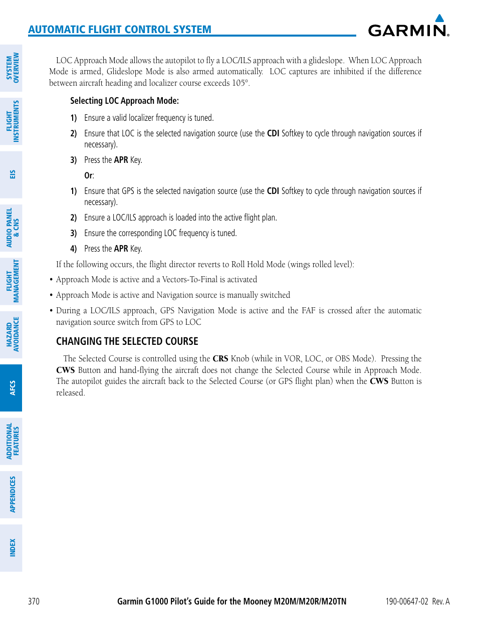 Automatic flight control system, Changing the selected course | Garmin G1000 Mooney M20TN User Manual | Page 384 / 524