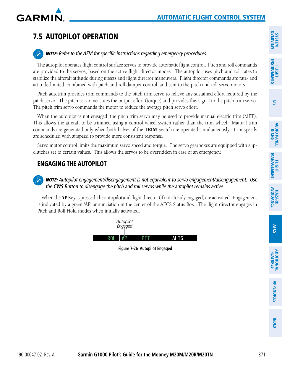 5 autopilot operation, Engaging the autopilot, Automatic flight control system | Garmin G1000 Mooney M20TN User Manual | Page 385 / 524