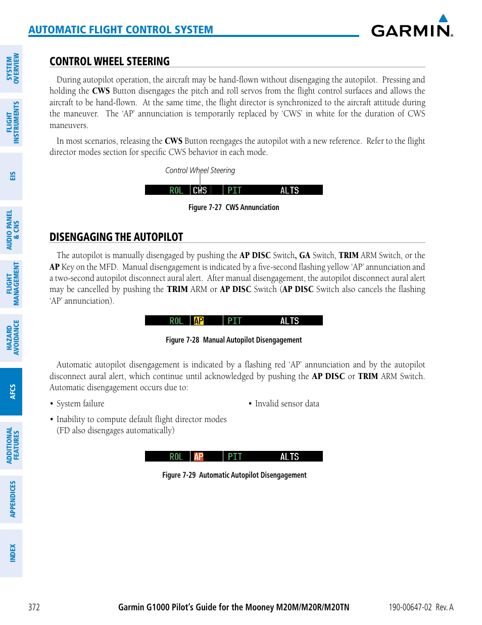 Control wheel steering, Disengaging the autopilot, Automatic flight control system | Garmin G1000 Mooney M20TN User Manual | Page 386 / 524