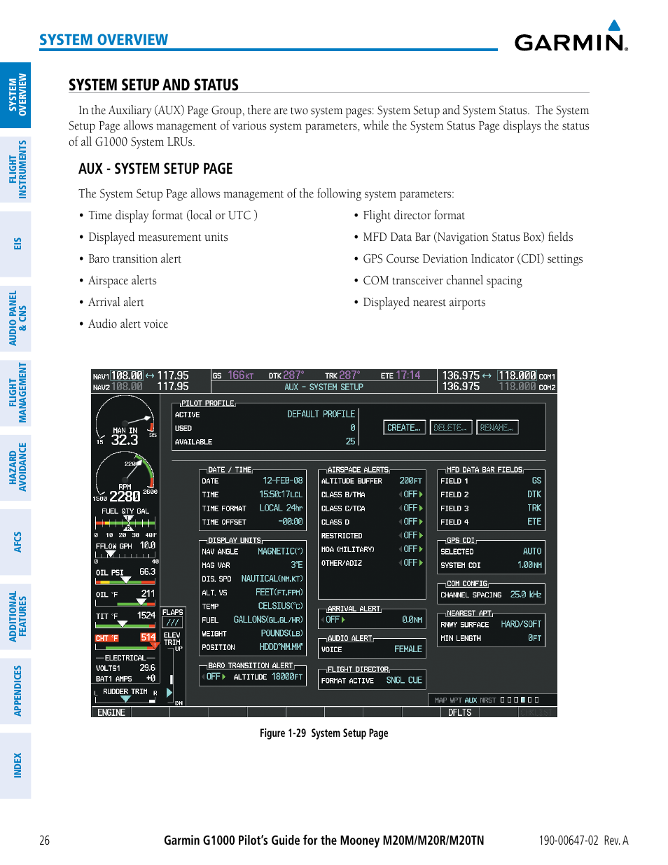 System setup and status, System overview, Aux - system setup page | Garmin G1000 Mooney M20TN User Manual | Page 40 / 524