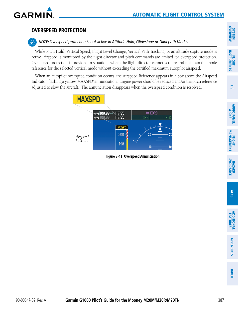 Overspeed protection, Automatic flight control system | Garmin G1000 Mooney M20TN User Manual | Page 401 / 524