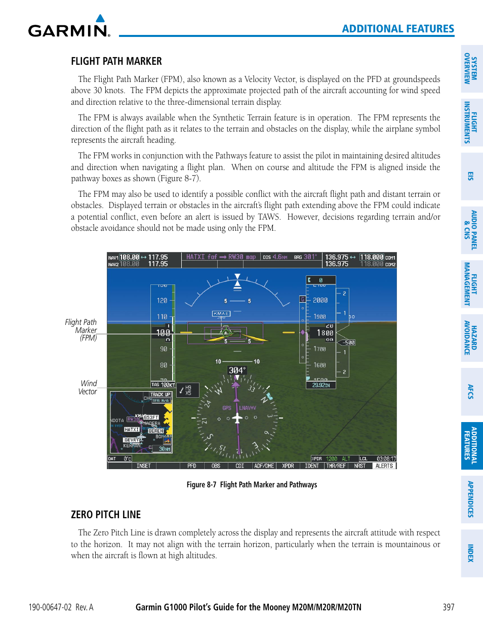 Additional features, Flight path marker, Zero pitch line | Garmin G1000 Mooney M20TN User Manual | Page 411 / 524