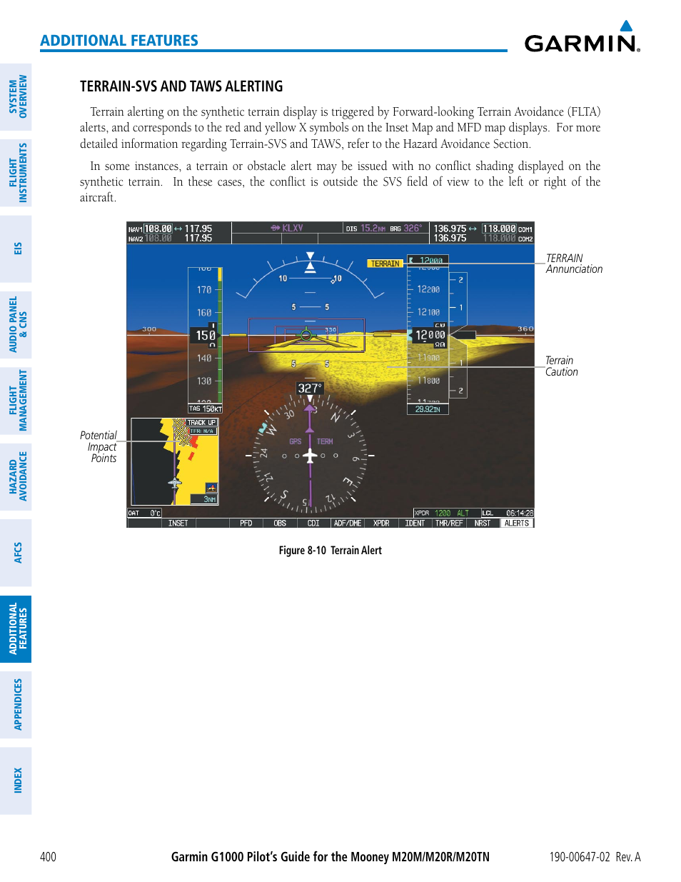 Additional features, Terrain-svs and taws alerting | Garmin G1000 Mooney M20TN User Manual | Page 414 / 524