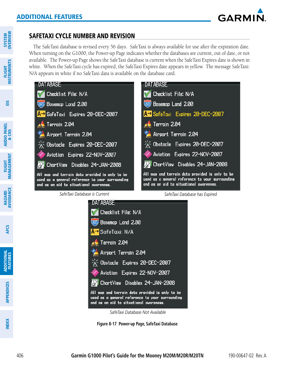 Safetaxi cycle number and revision, Additional features | Garmin G1000 Mooney M20TN User Manual | Page 420 / 524