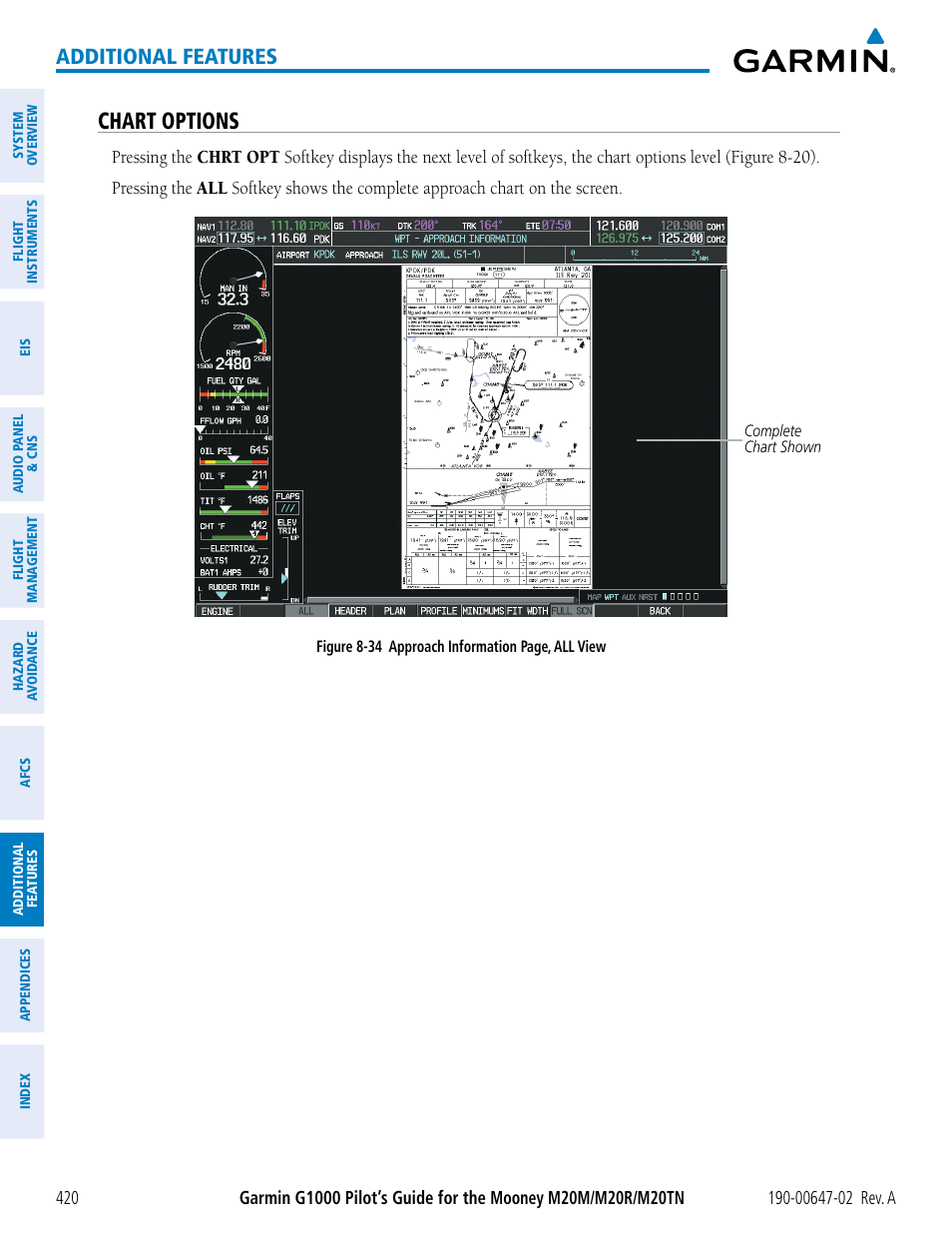 Chart options, Additional features | Garmin G1000 Mooney M20TN User Manual | Page 434 / 524