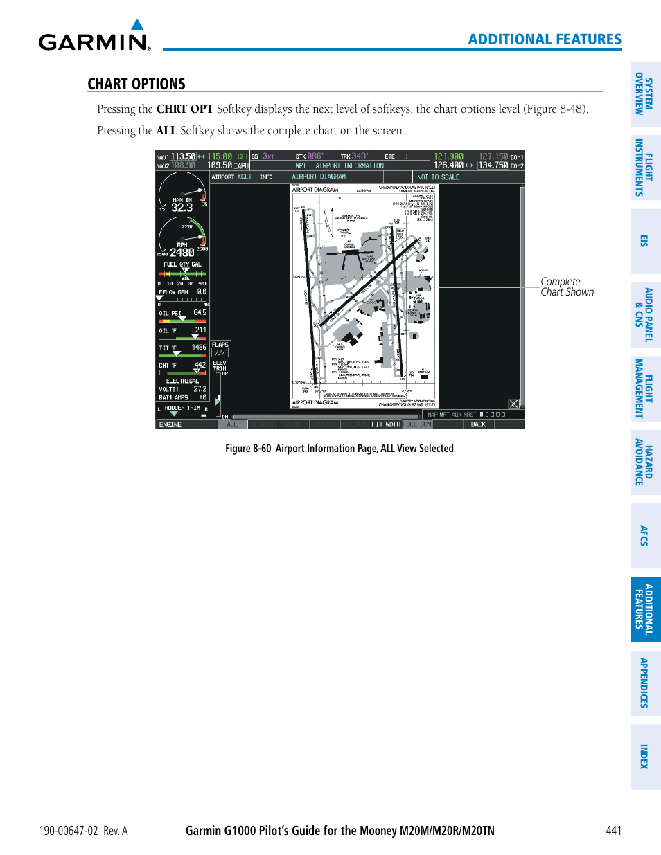 Chart options, Additional features | Garmin G1000 Mooney M20TN User Manual | Page 455 / 524