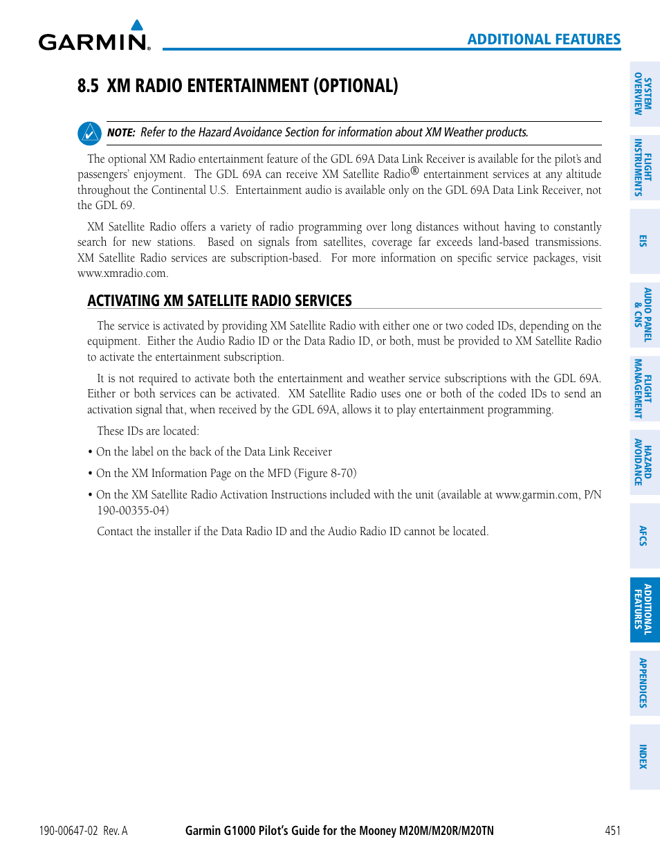 5 xm radio entertainment (optional), Activating xm satellite radio services, Additional features | Garmin G1000 Mooney M20TN User Manual | Page 465 / 524