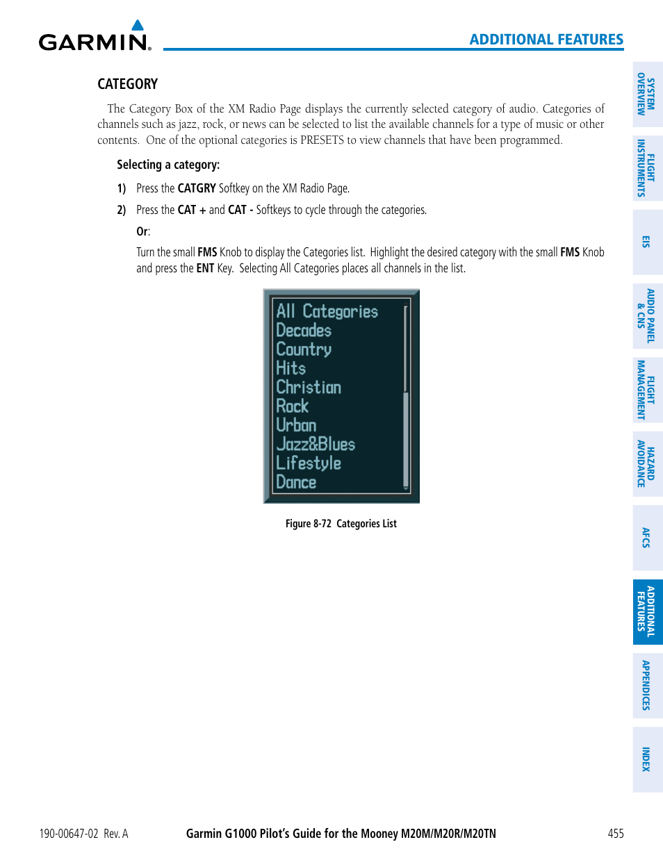 Additional features, Category | Garmin G1000 Mooney M20TN User Manual | Page 469 / 524