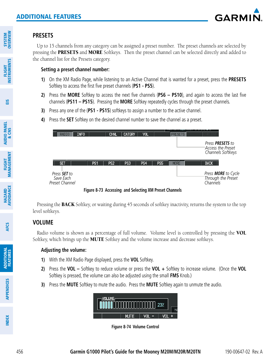 Additional features, Presets, Volume | Garmin G1000 Mooney M20TN User Manual | Page 470 / 524