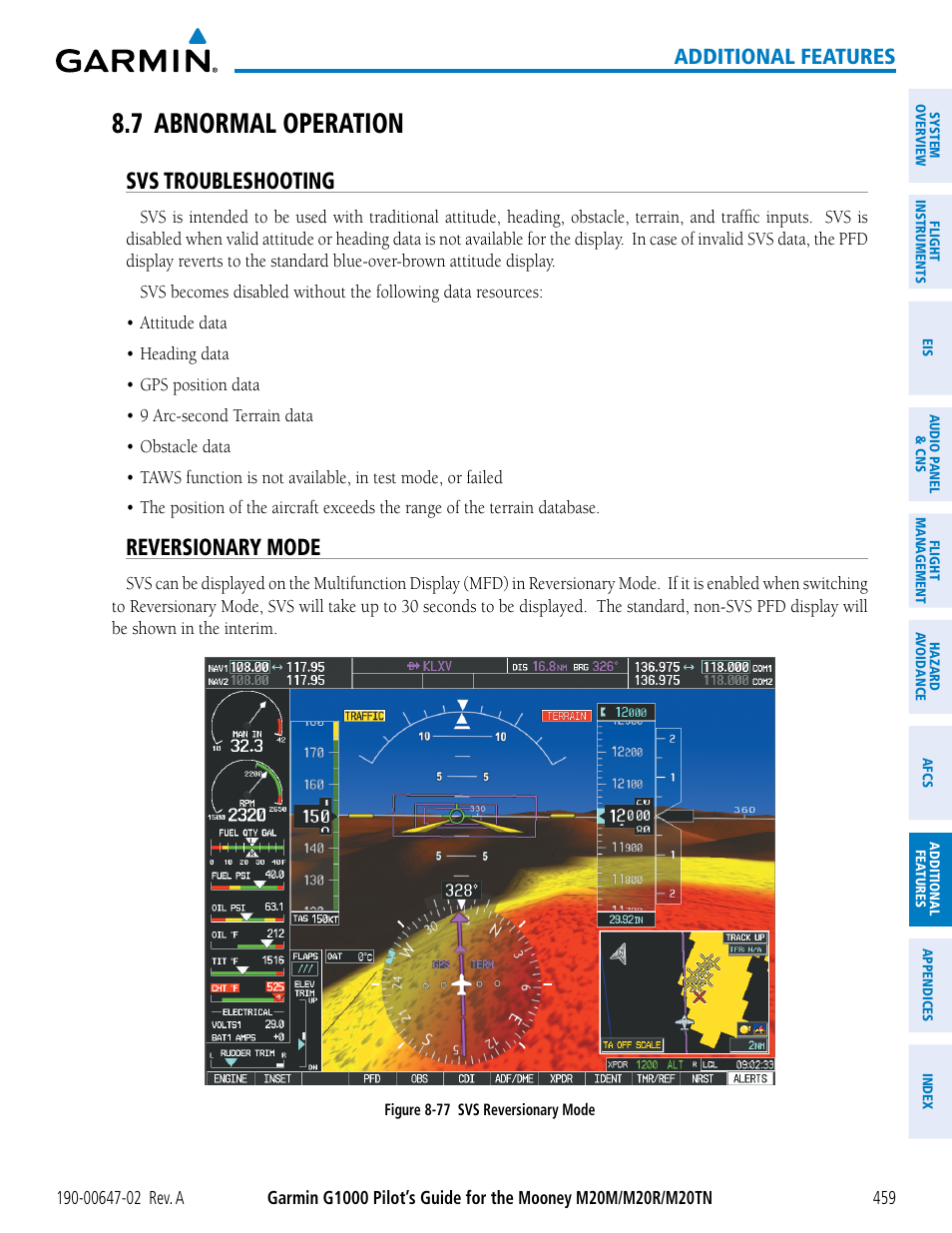 7 abnormal operation, Svs troubleshooting, Reversionary mode | Additional features | Garmin G1000 Mooney M20TN User Manual | Page 473 / 524