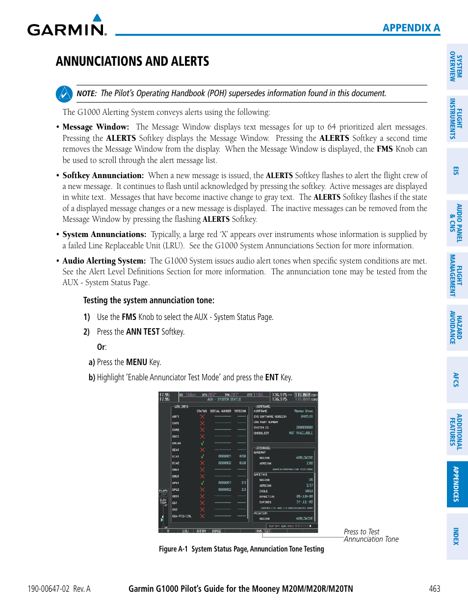 Appendices, Annunciations and alerts, Appendix a | Garmin G1000 Mooney M20TN User Manual | Page 477 / 524