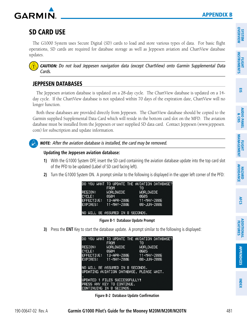 Sd card use, Jeppesen databases, Appendix b | Garmin G1000 Mooney M20TN User Manual | Page 495 / 524