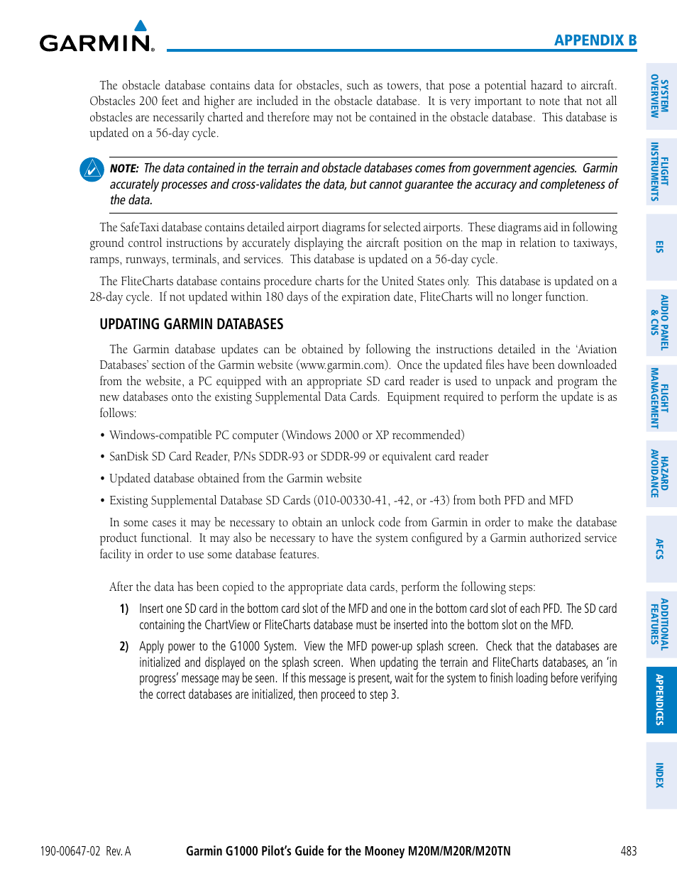 Appendix b, Updating garmin databases | Garmin G1000 Mooney M20TN User Manual | Page 497 / 524