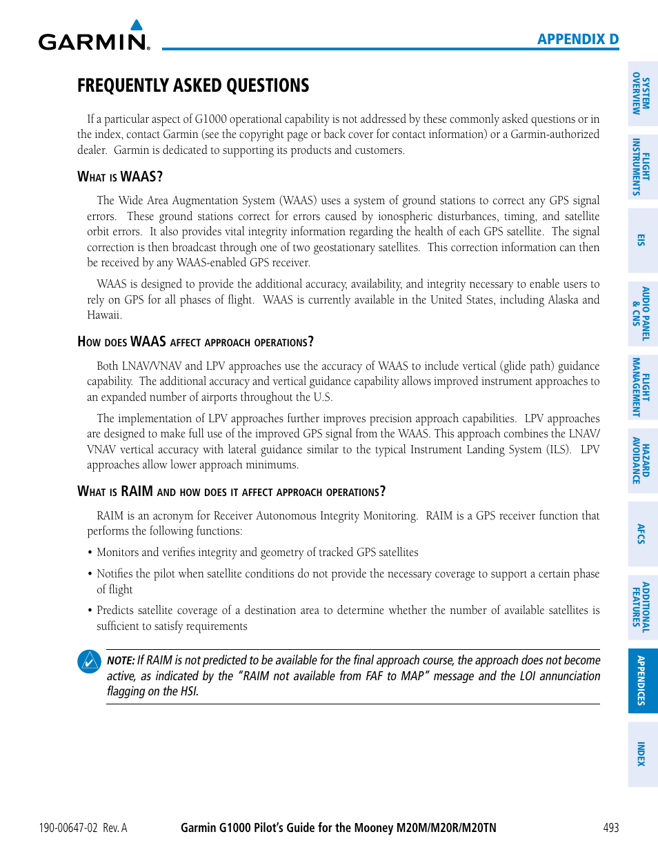 Frequently asked questions, Appendix d, Waas | Raim | Garmin G1000 Mooney M20TN User Manual | Page 507 / 524