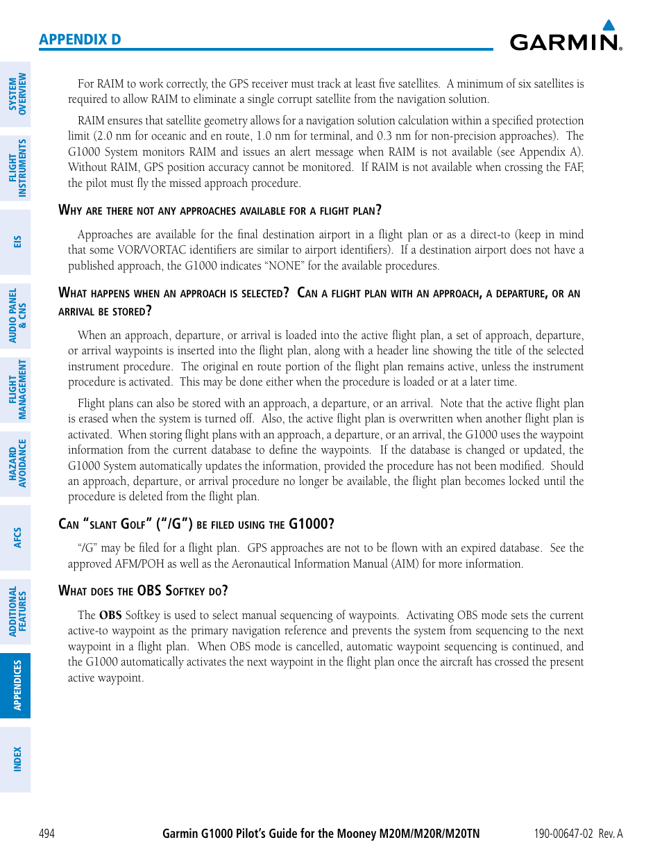 Appendix d, G1000, Obs s | Garmin G1000 Mooney M20TN User Manual | Page 508 / 524