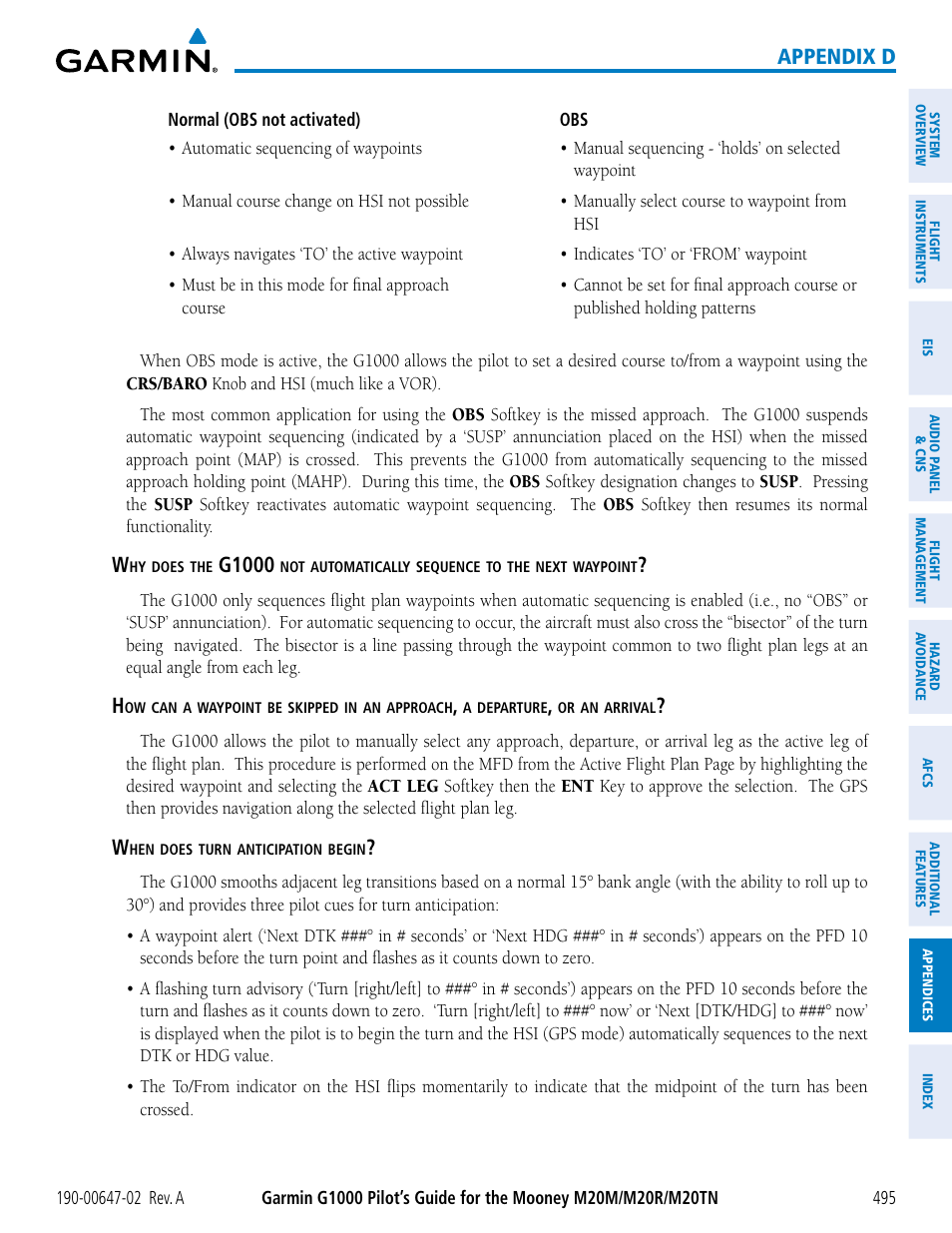 Appendix d, G1000 | Garmin G1000 Mooney M20TN User Manual | Page 509 / 524