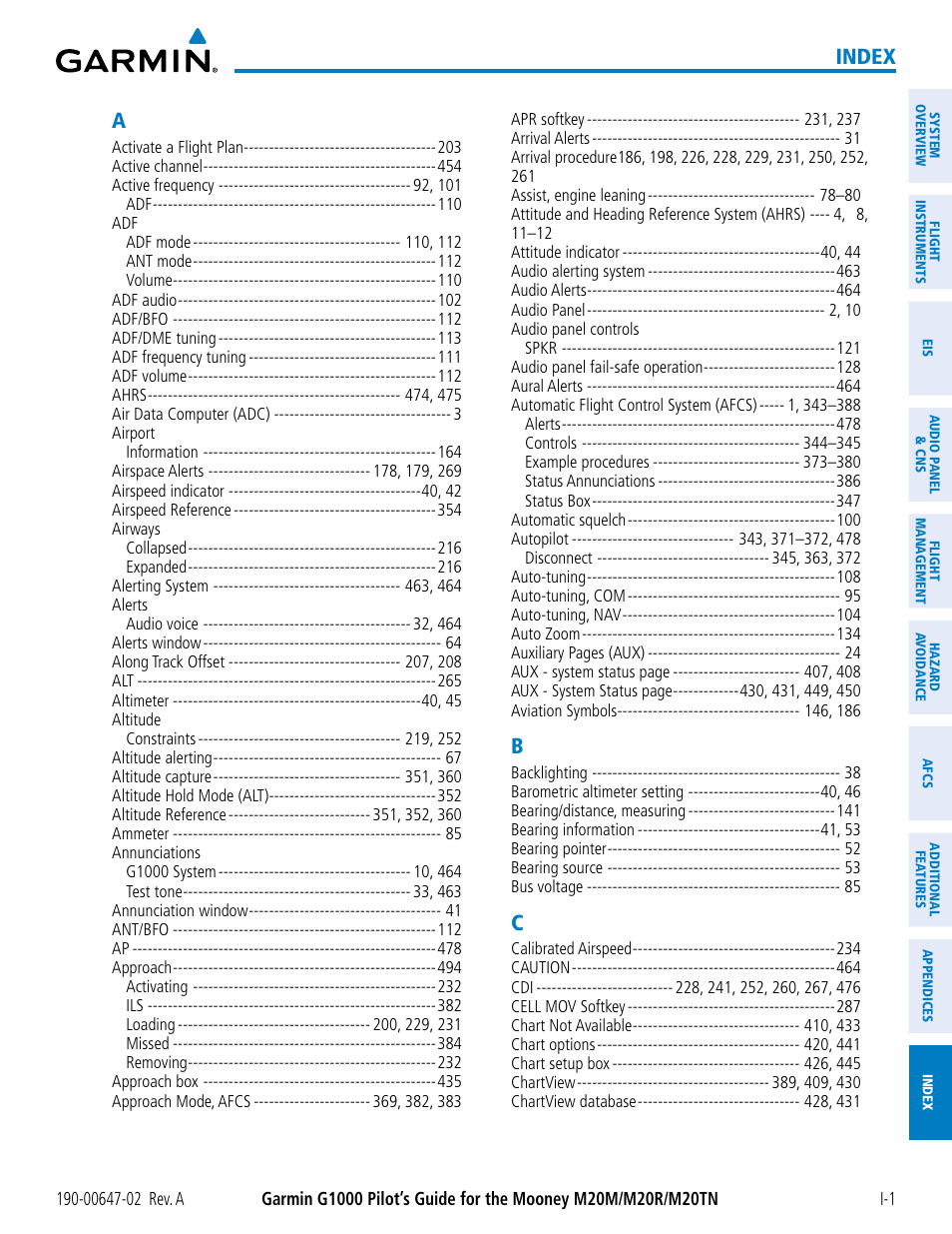 Index | Garmin G1000 Mooney M20TN User Manual | Page 517 / 524