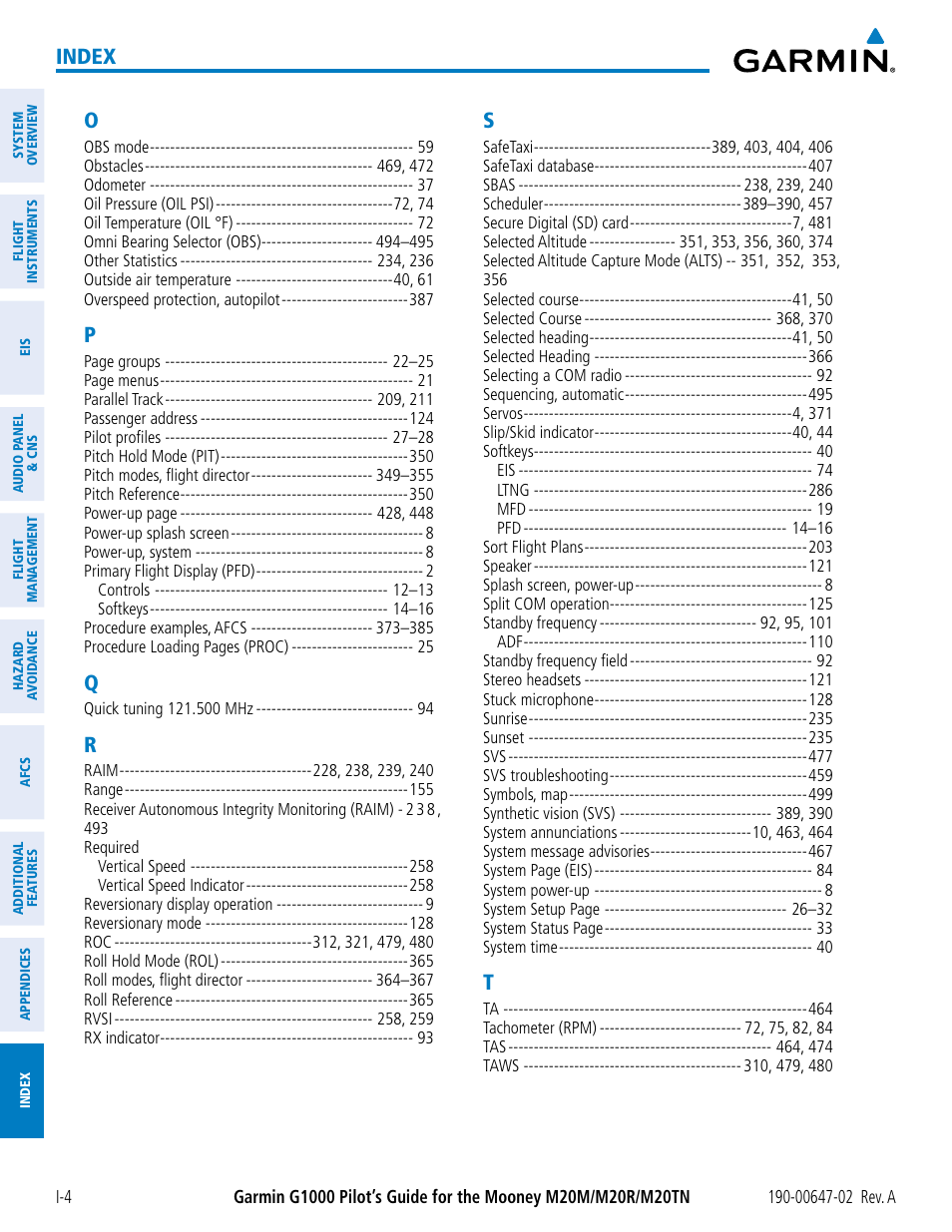 Index | Garmin G1000 Mooney M20TN User Manual | Page 520 / 524