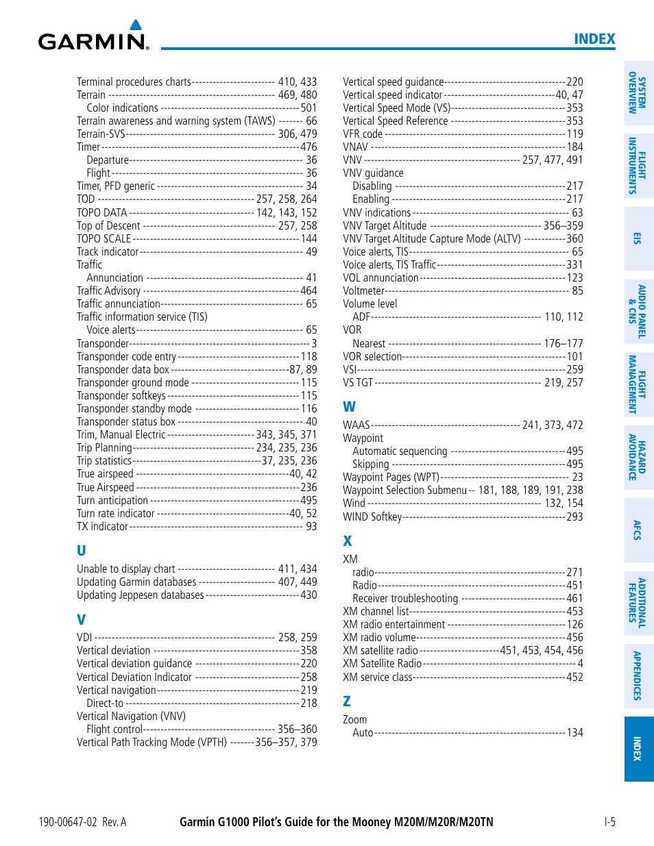 Index | Garmin G1000 Mooney M20TN User Manual | Page 521 / 524