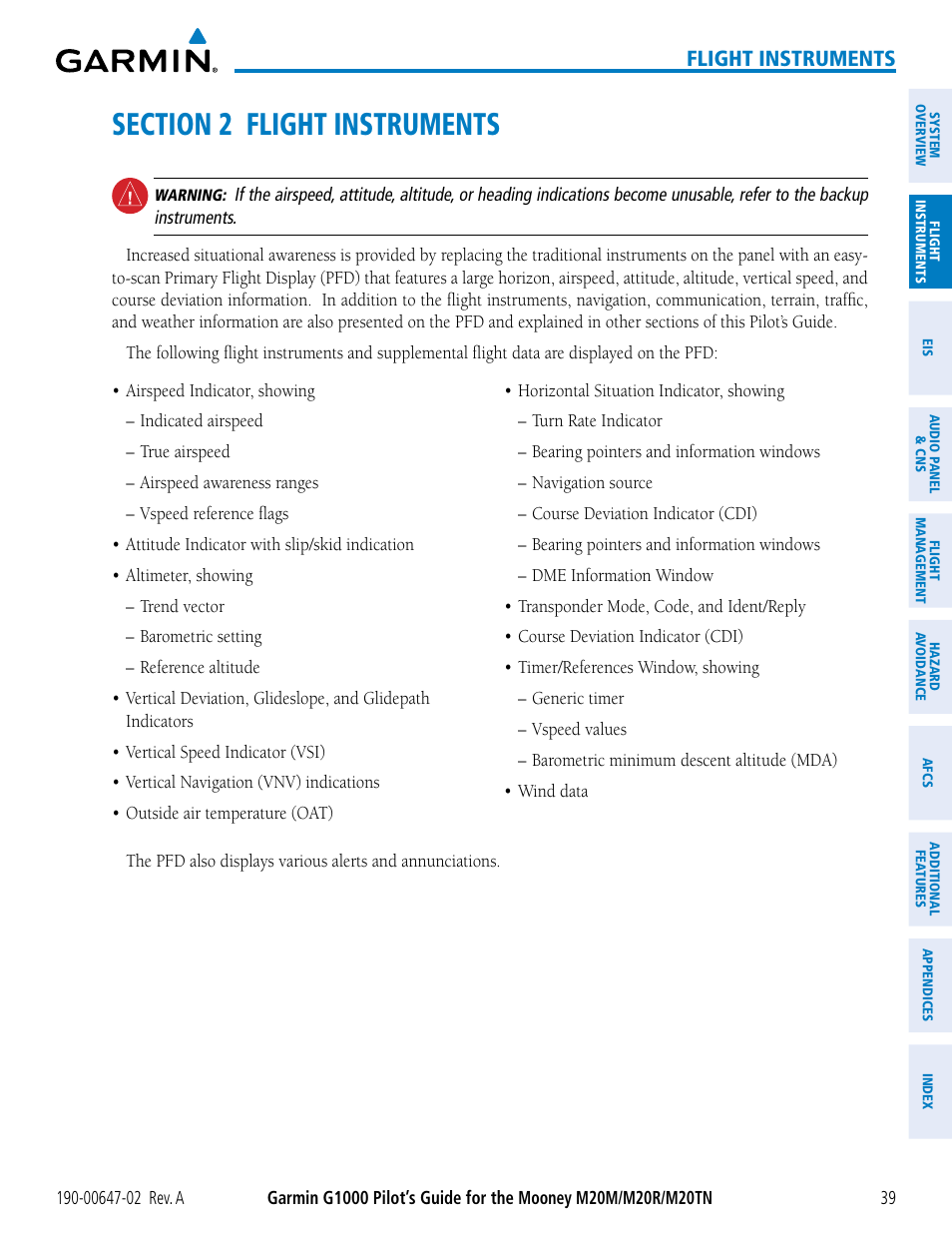 Section 2 flight instruments, Flight instruments | Garmin G1000 Mooney M20TN User Manual | Page 53 / 524