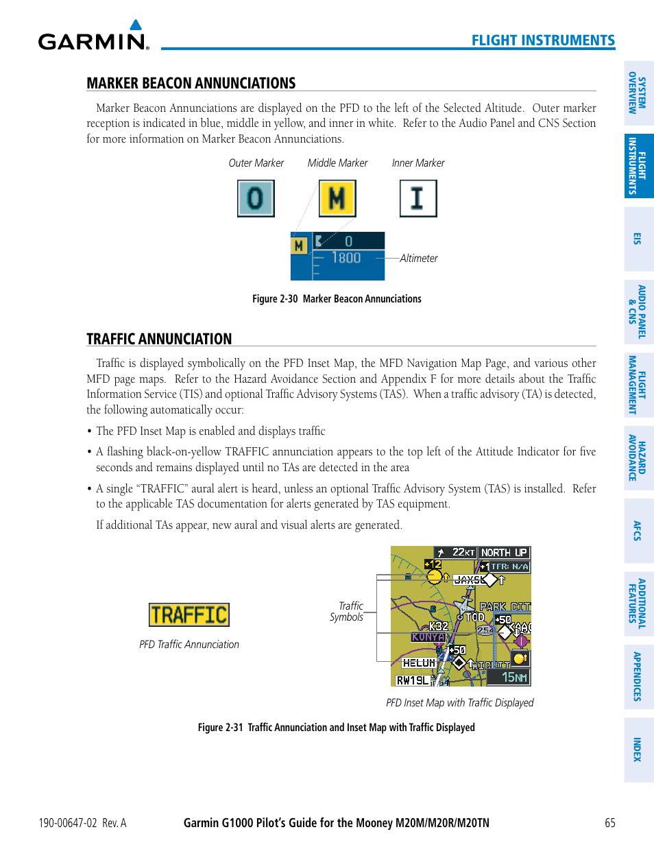 Marker beacon annunciations, Traffic annunciation, Flight instruments | Garmin G1000 Mooney M20TN User Manual | Page 79 / 524